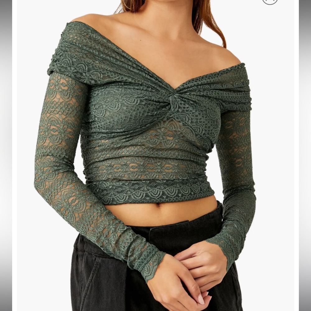 Free people Hold Me Closer Lace Off the Shoulder Crop Top, Green, Size Small